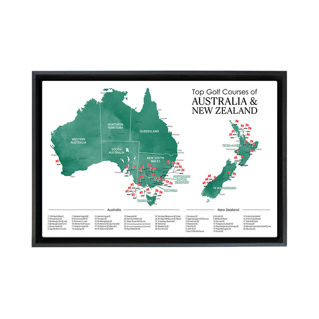 Gallery Wrapped Canvas Top Golf Courses of Australia and New Zealand Map in Black Float Frame in 16&quot; x 24&quot; size