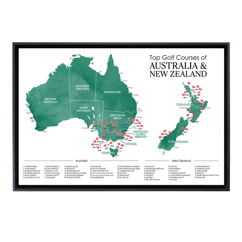 Gallery Wrapped Canvas Top Golf Courses of Australia and New Zealand Map in Black Float Frame in 24&quot; x 36&quot; size