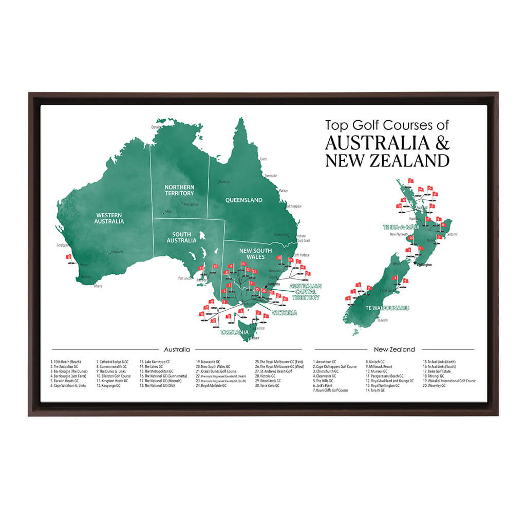 Gallery Wrapped Canvas Top Golf Courses of Australia and New Zealand Map in Brown Float Frame in 24&quot; x 36&quot; size