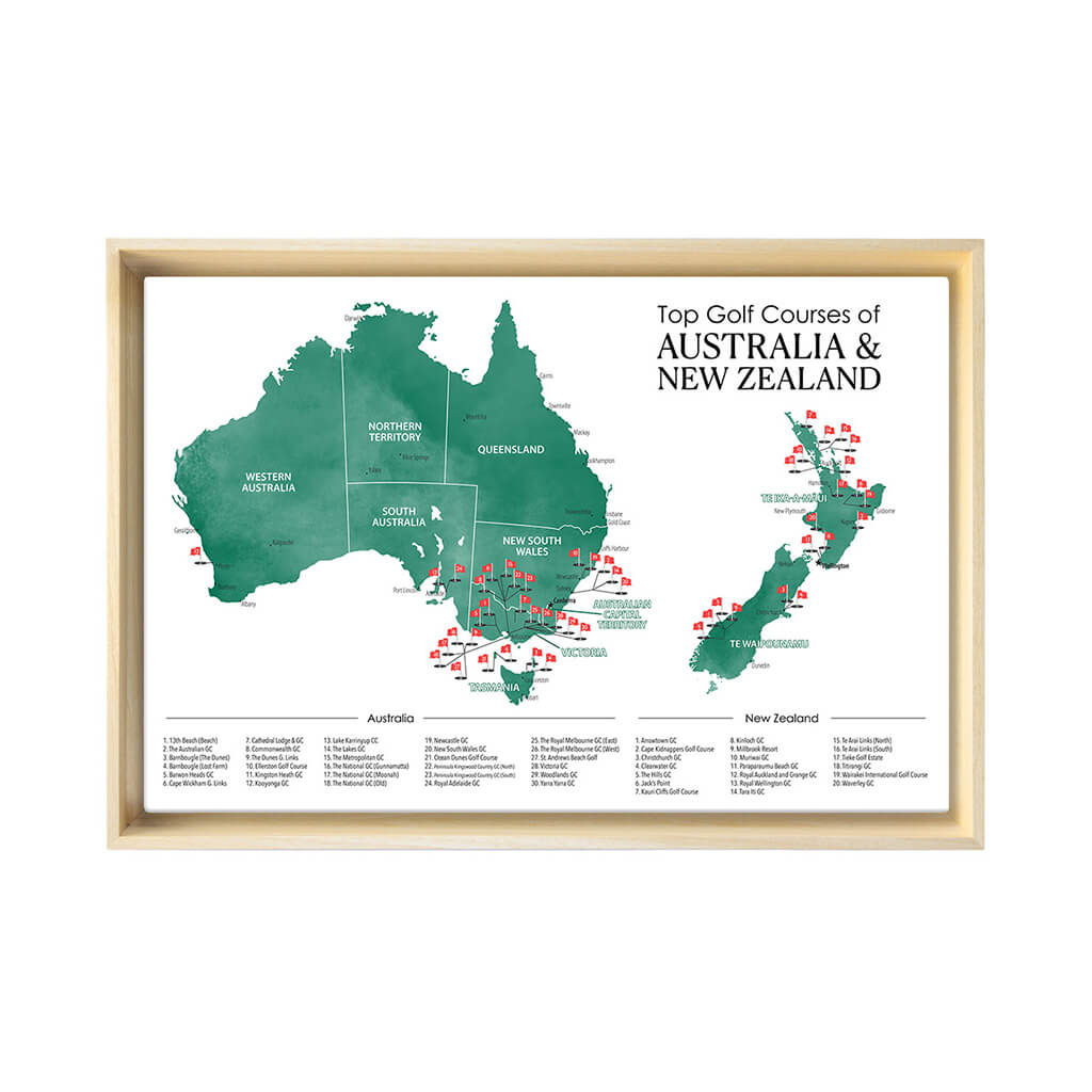 Gallery Wrapped Canvas Top Golf Courses of Australia and New Zealand  Map in Natural Tan Float Frame in 16&quot; x 24&quot; size