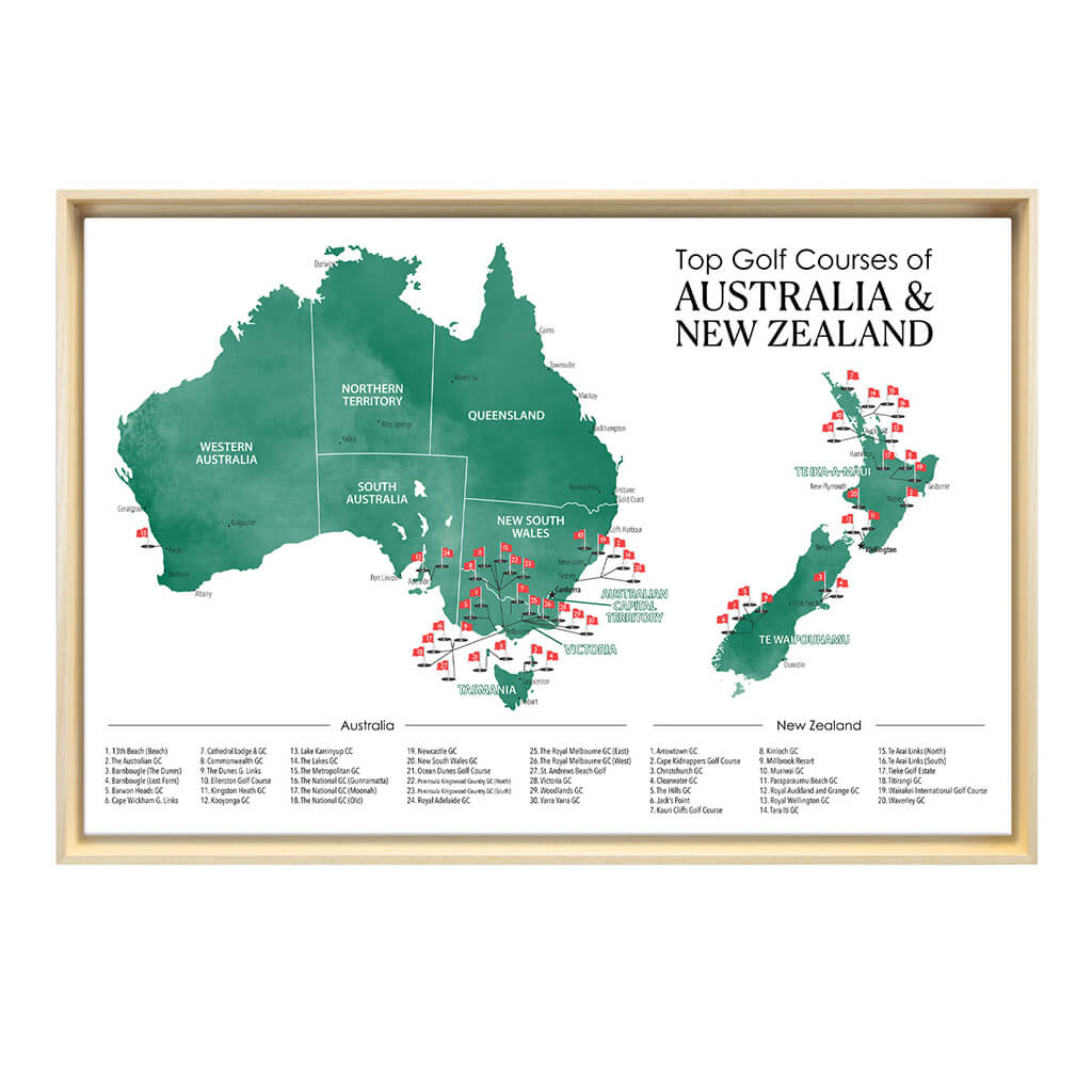 Gallery Wrapped Canvas Top Golf Courses of Australia and New Zealand Map in Natural Float Frame in 24" x 36" size