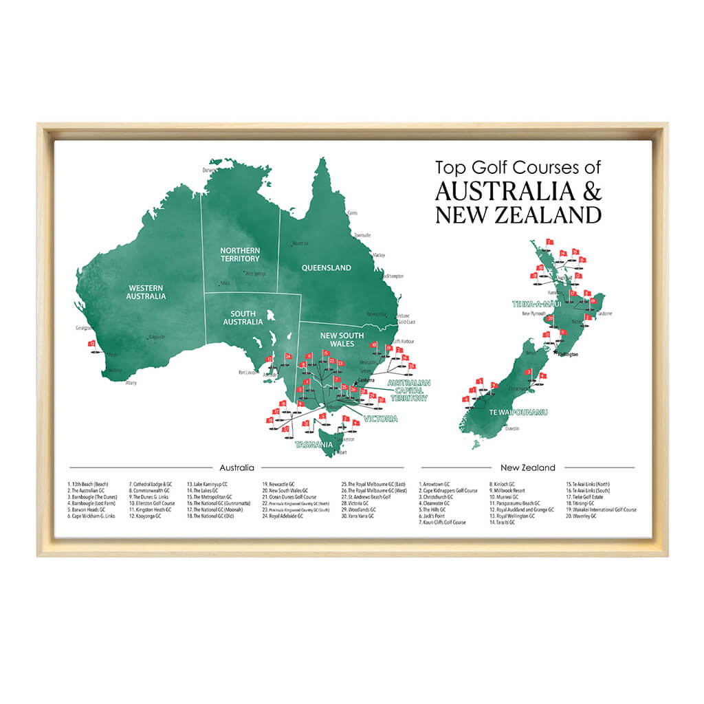Gallery Wrapped Canvas Top Golf Courses of Australia and New Zealand Map in Natural Float Frame in 24&quot; x 36&quot; size