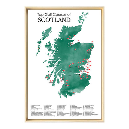 Gallery Wrapped Canvas Top Golf Courses of Scotland Map in Natural Float Frame in 24" x 36" size