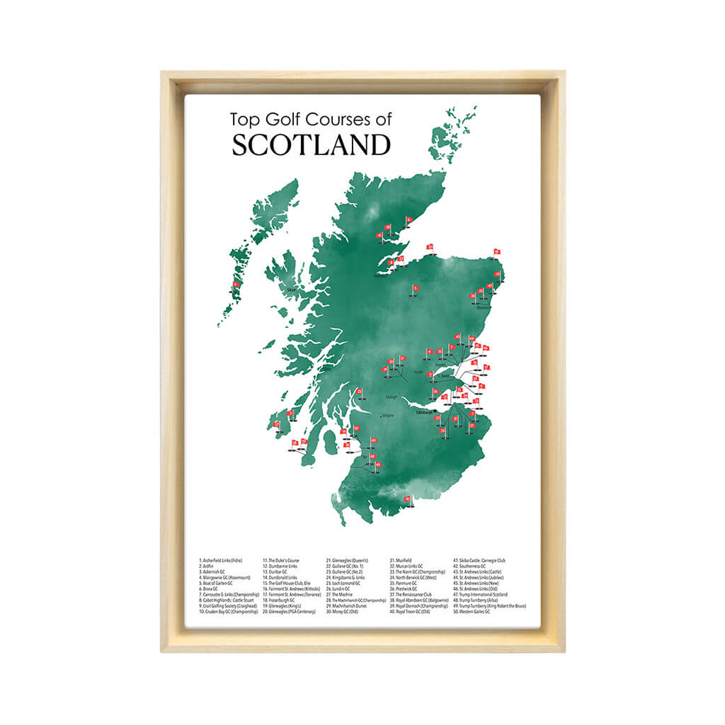 Gallery Wrapped Canvas Top Golf Courses of Scotland Map in Natural Tan Float Frame in 16" x 24" size