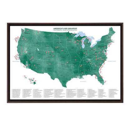 America's Top 100 Public Golf Courses Gallery Canvas Map in Optional Brown Float Frame - 24" x 36" size