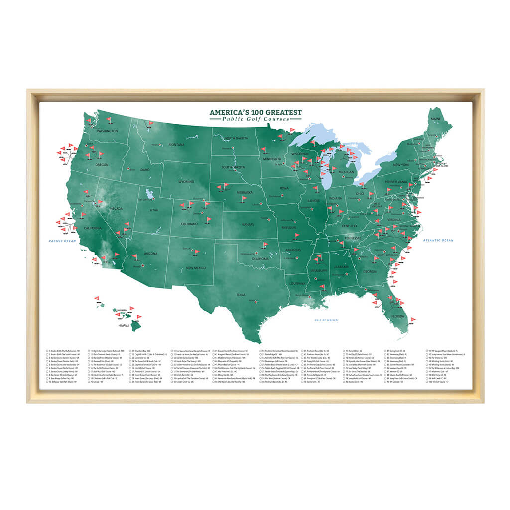 America's Top 100 Public Golf Courses Gallery Canvas Map in Optional Natural Tan Float Frame - 24" x 36" size