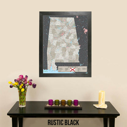 Earth Toned Alabama State Push Pin Travel Map in Rustic Black Frame