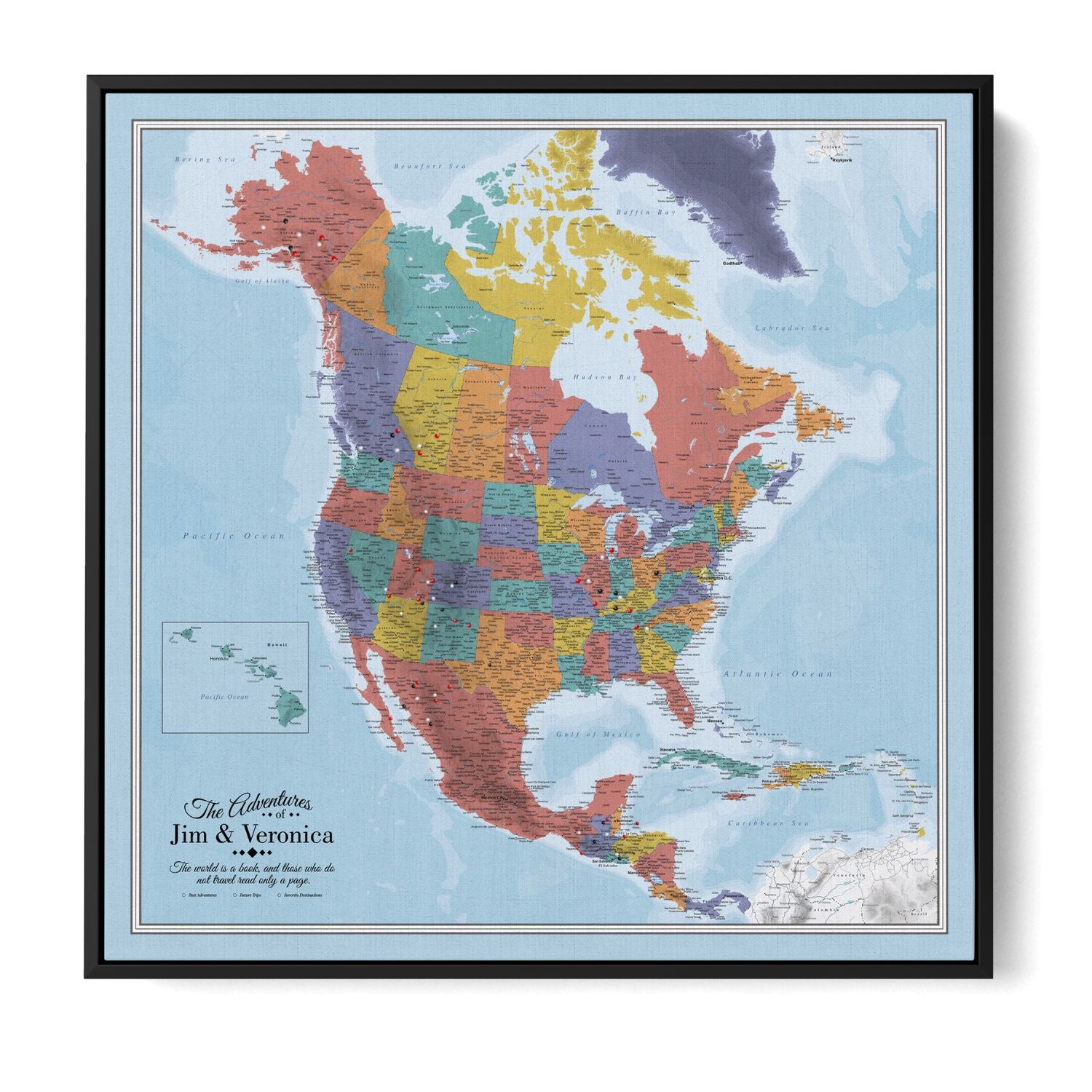 Personalized Blue Oceans North America travel map canvas with pins in black frame