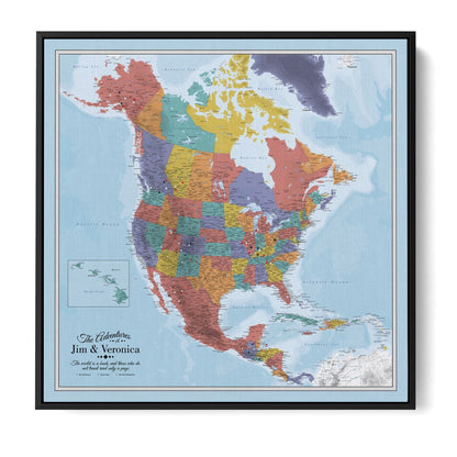 Personalized Blue Oceans North America travel map canvas with pins in black frame