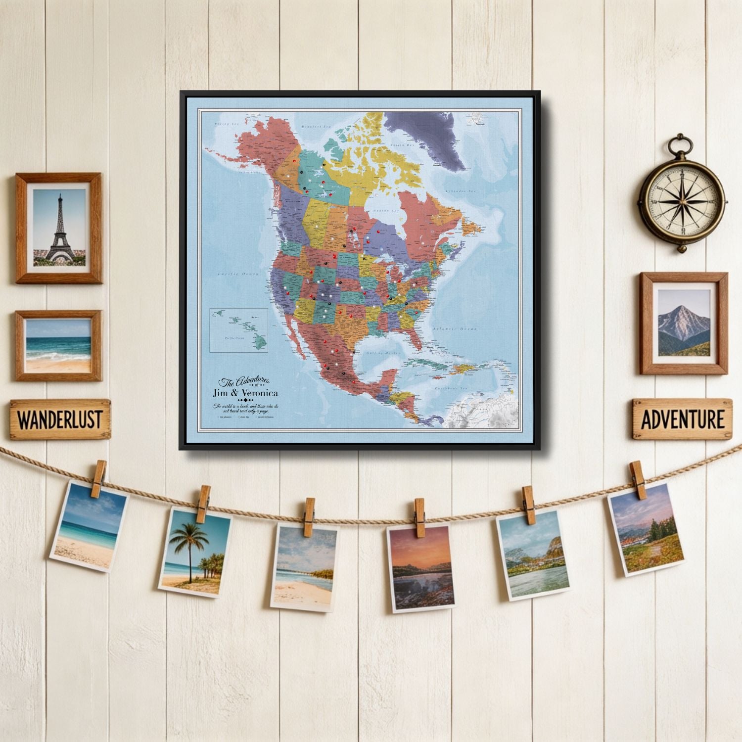Personalized Blue Oceans North America travel map with pins displayed in black frame on wall