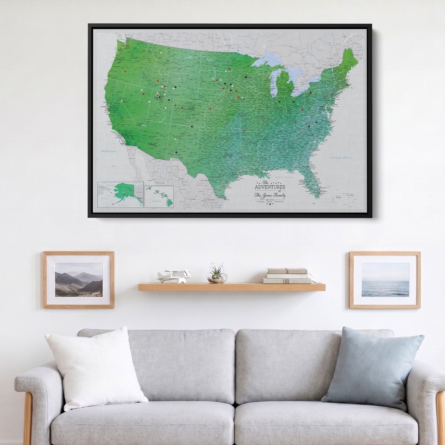 Enchanting Emerald watercolor USA travel map canvas with pins displayed above living room sofa