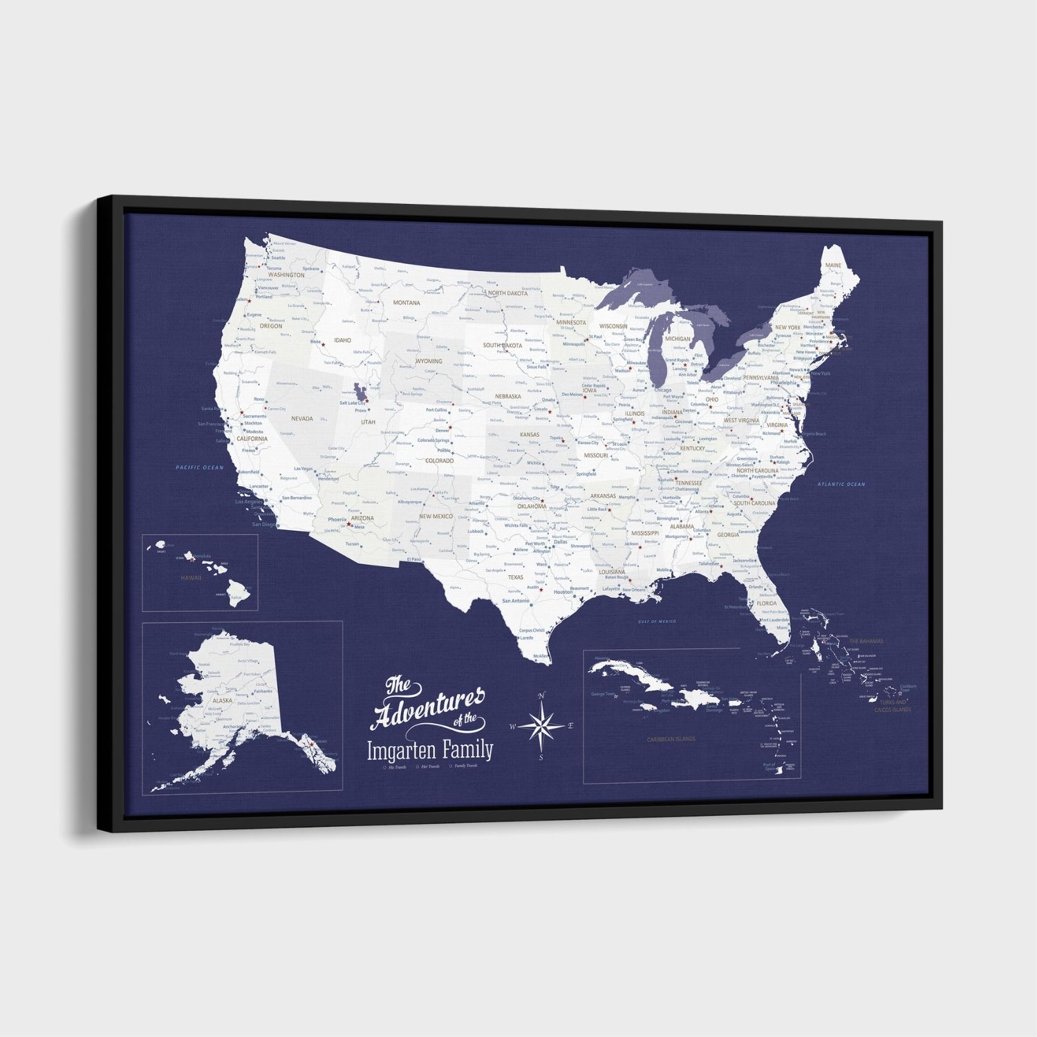 Navy blue canvas USA and Caribbean travel map with black float frame, wall-mounted
