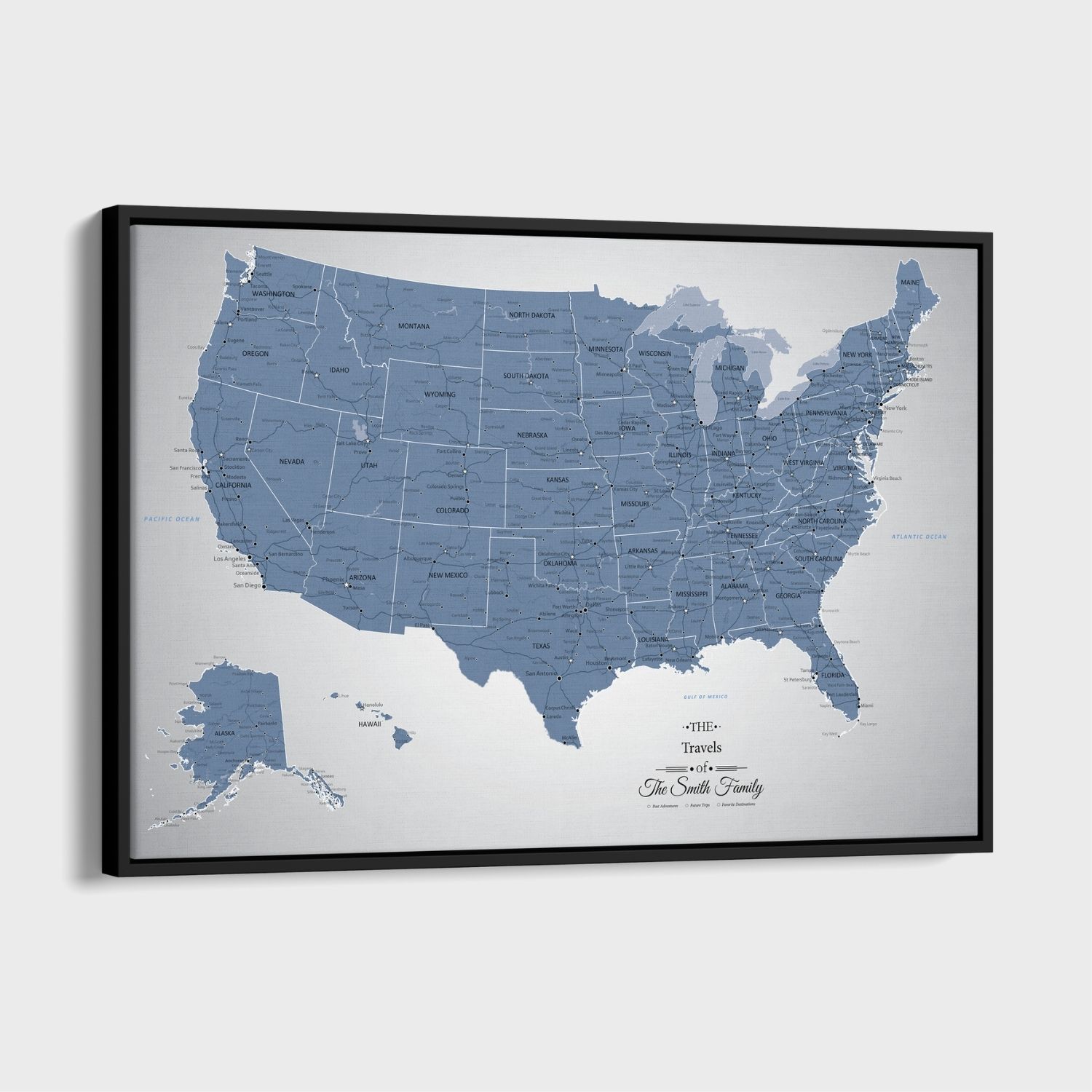 Blue Ice USA push pin travel map canvas in black frame showing all 50 states personalized for Smith Family