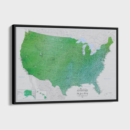 Personalized emerald green watercolor USA travel map canvas in black float frame