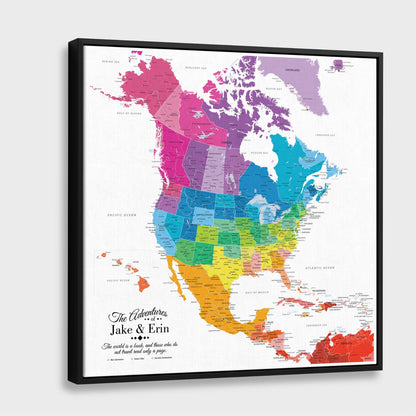 Personalized colorful North America travel map canvas with black float frame, rainbow regions