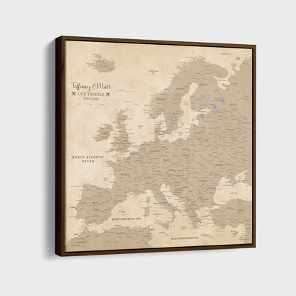 Personalized vintage Europe travel map canvas in walnut float frame with beige tones