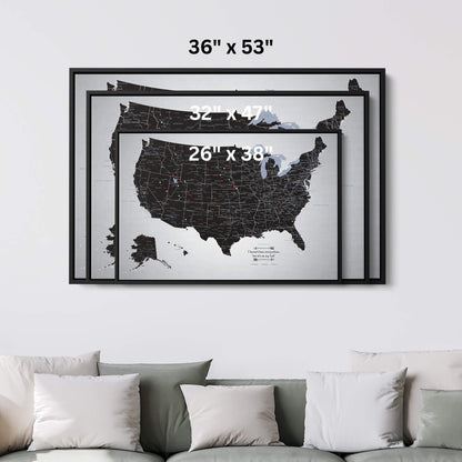 Canvas - Black Ice USA Travel Map with pins