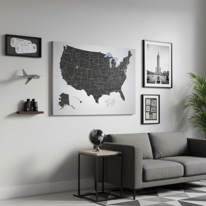 Gallery Wrapped - Black Ice USA Travel Map with pins
