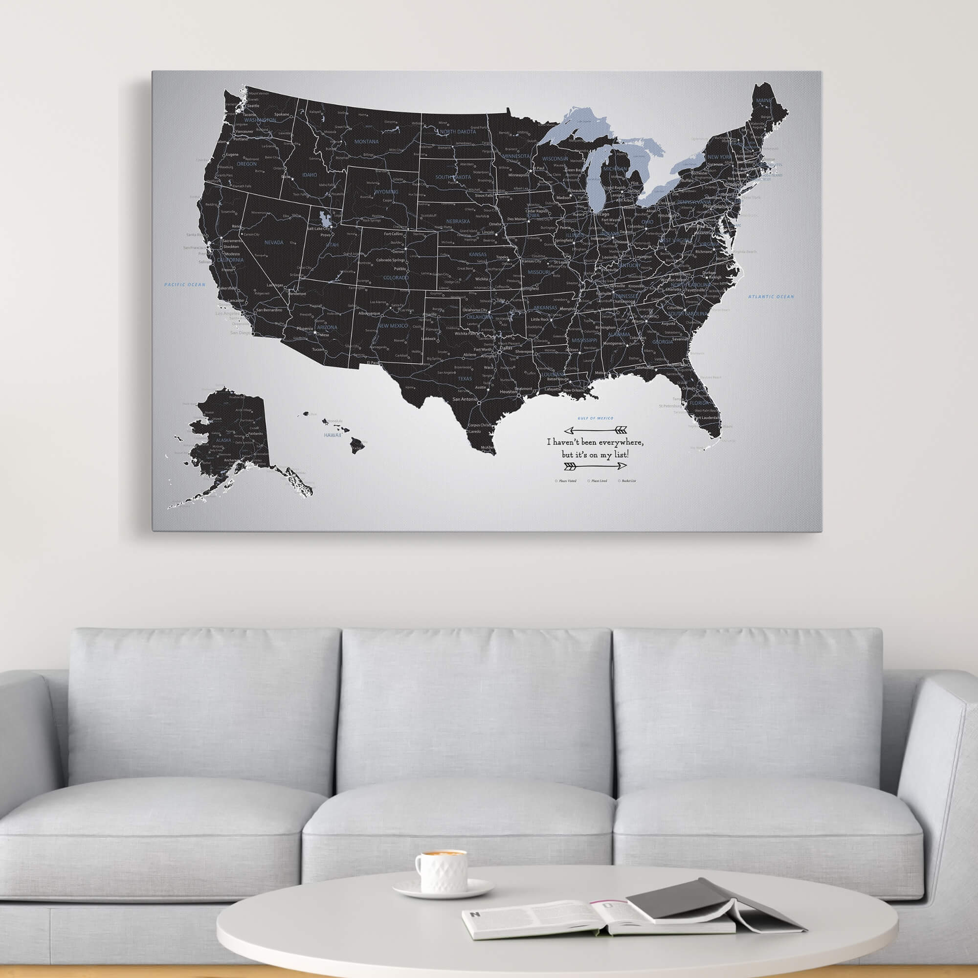 Gallery Wrapped - Black Ice USA Travel Map with pins