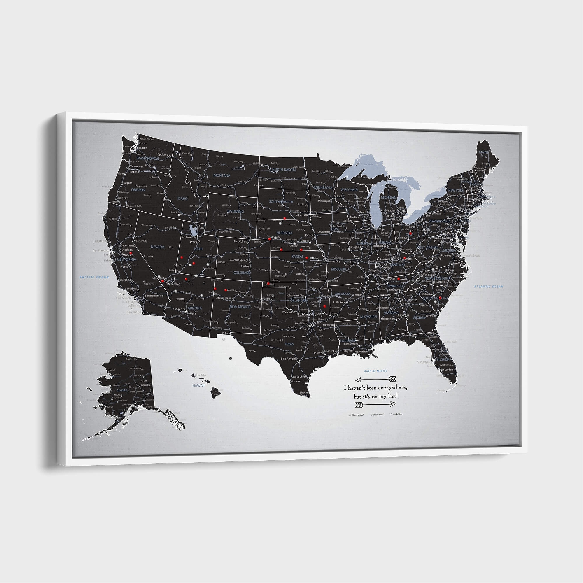Canvas - Black Ice USA Travel Map with pins