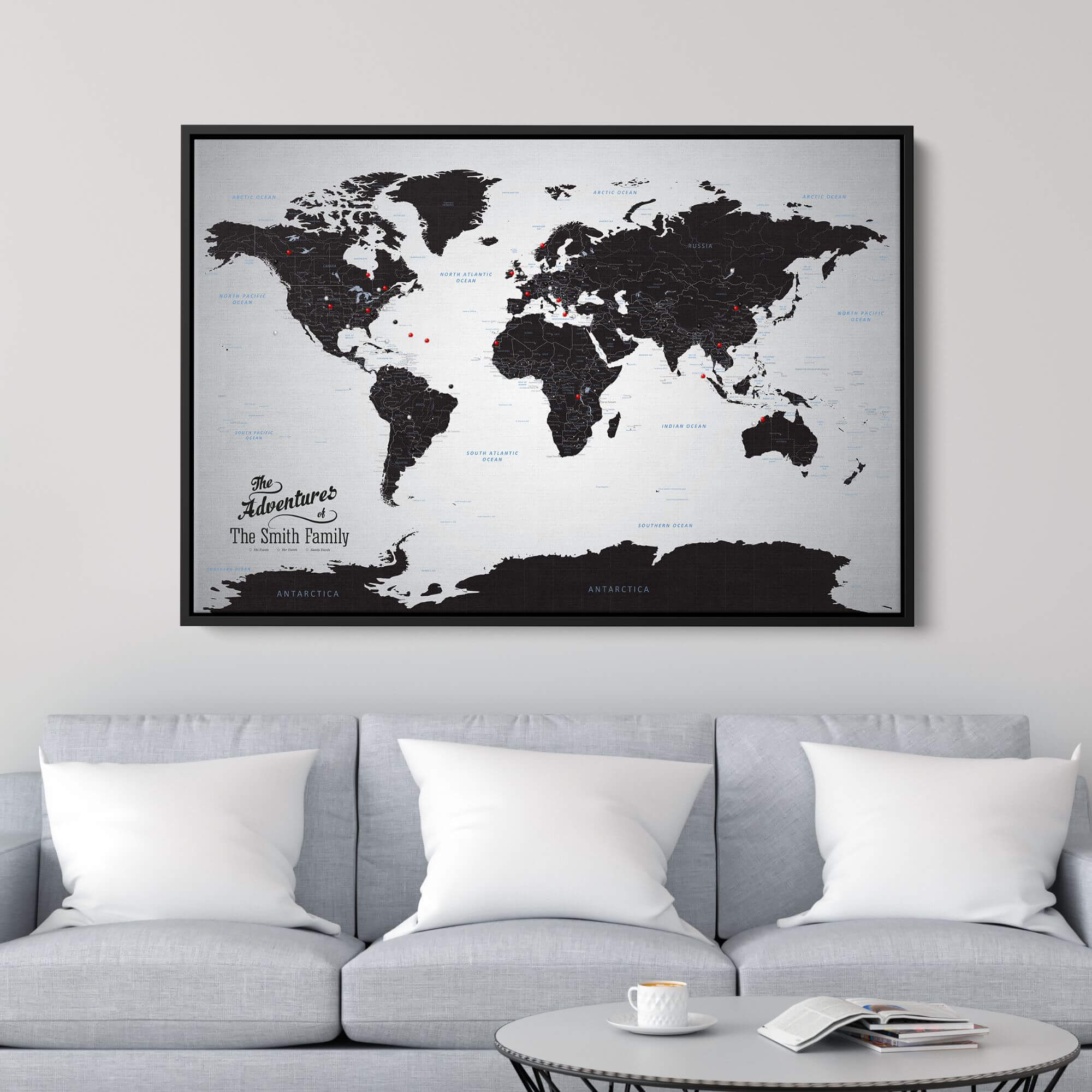Canvas - Black Ice World Travel Map with pins