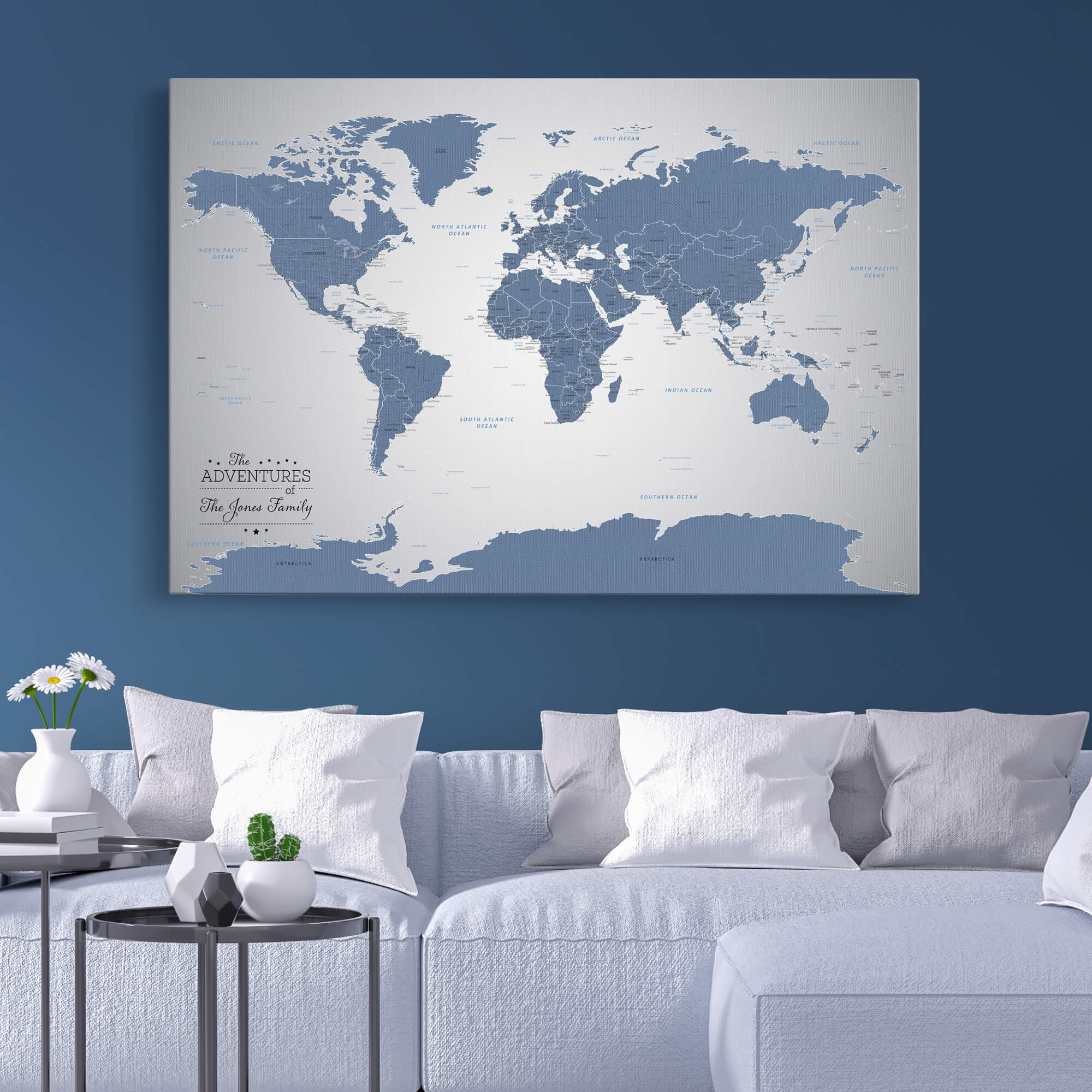 Gallery Wrapped - Blue Ice World Travel Map with pins