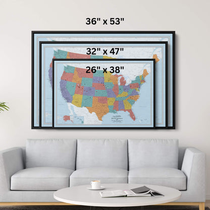 Canvas - Blue Oceans USA Travel Map with pins