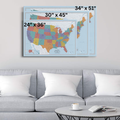 Gallery Wrapped - Blue Oceans USA Travel Map with pins