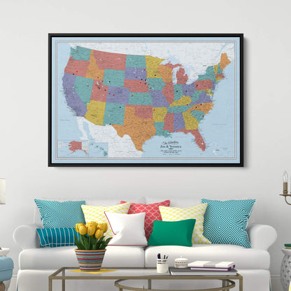 Canvas - Blue Oceans USA Travel Map with pins