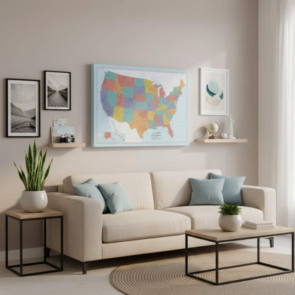 Gallery Wrapped - Blue Oceans USA Travel Map with pins