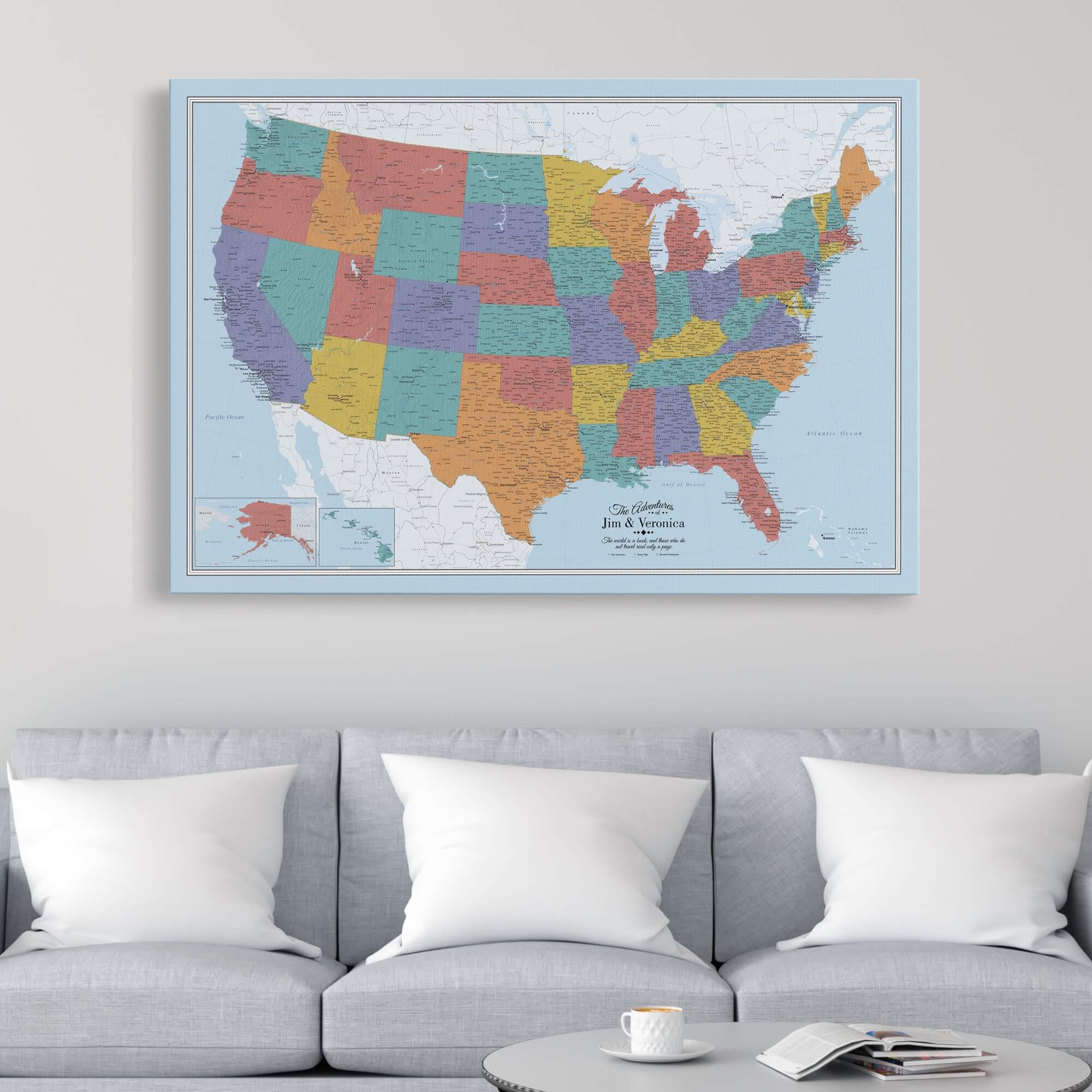 Gallery Wrapped - Blue Oceans USA Travel Map with pins
