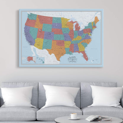 Gallery Wrapped - Blue Oceans USA Travel Map with pins