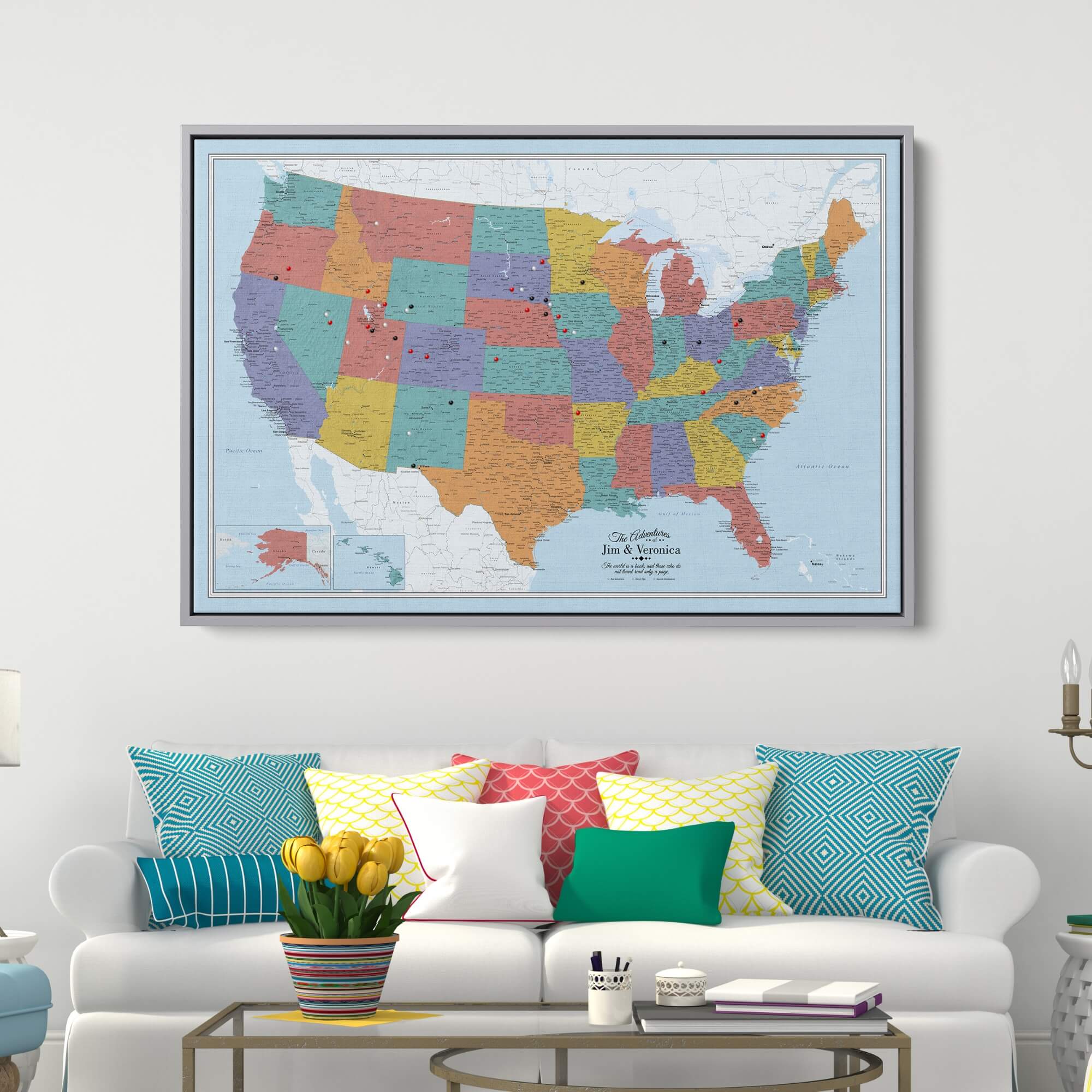 Canvas - Blue Oceans USA Travel Map with pins