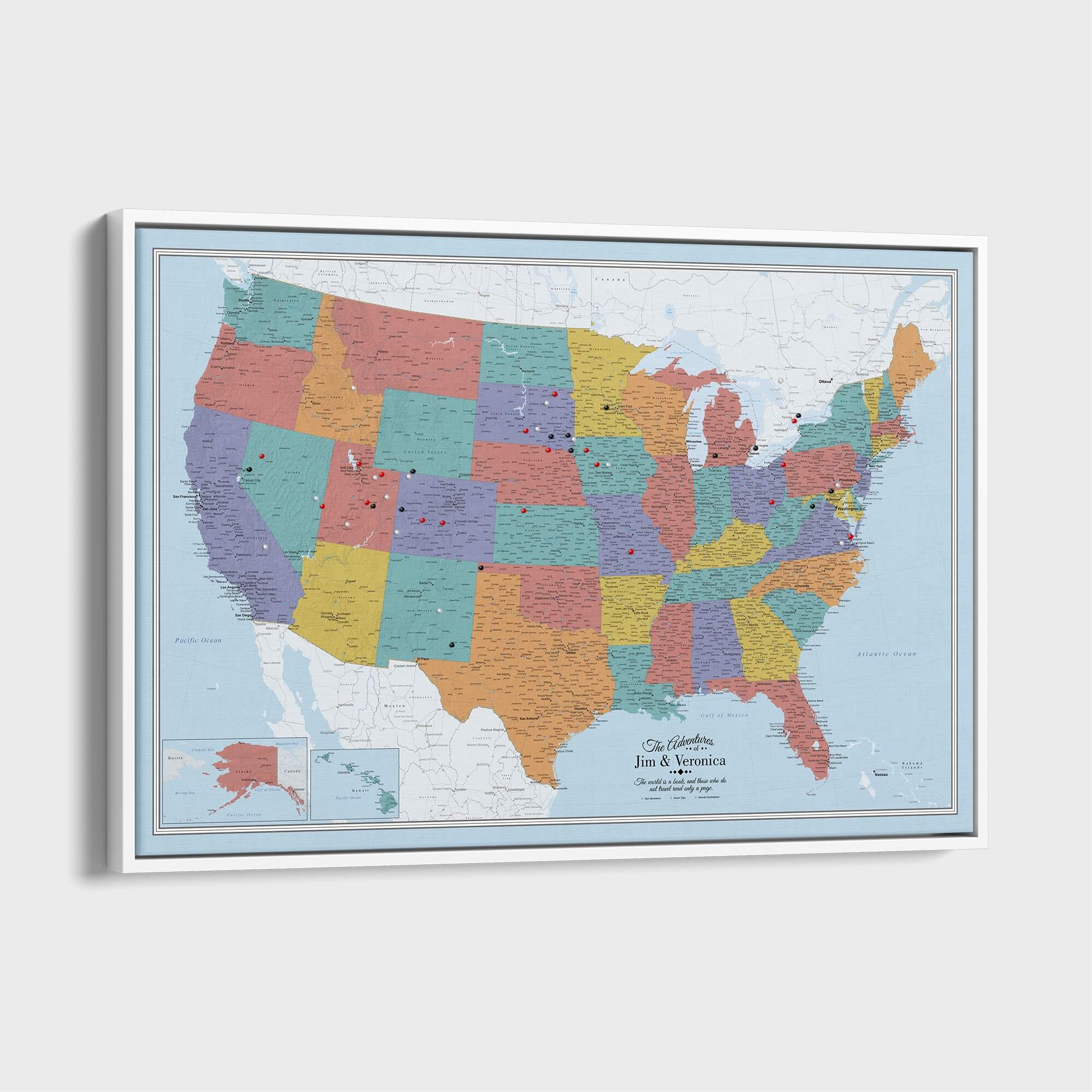 Canvas - Blue Oceans USA Travel Map with pins