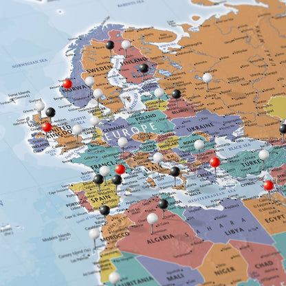 Gallery Wrapped - Blue Oceans World Travel Map with pins