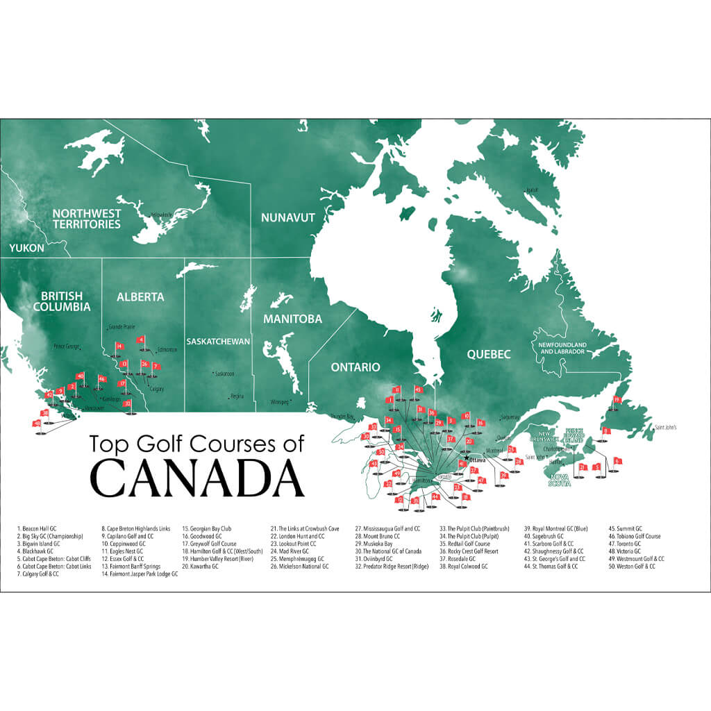 Closeup of Top Golf Courses of Canada Travel Map with Pins