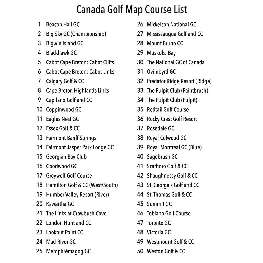 List of top 40 Golf Courses on Canada's Top Golf Courses Travel Map