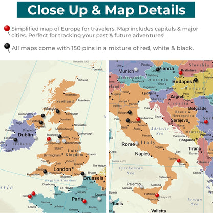 Close-up detail of tan ocean Europe canvas push pin travel map showing UK and Italy regions with red black and white pins marking cities