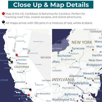 Close-up detail of navy canvas USA Caribbean travel map with red black white push pins marking California New York locations