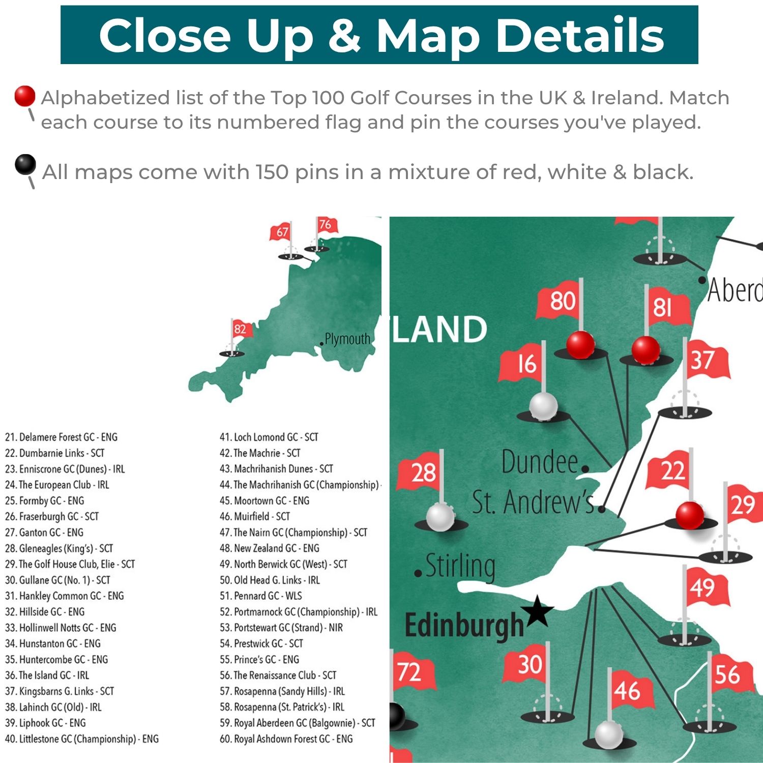 Gallery Wrapped - The UK and Ireland Golf Courses Travel Map with Pins
