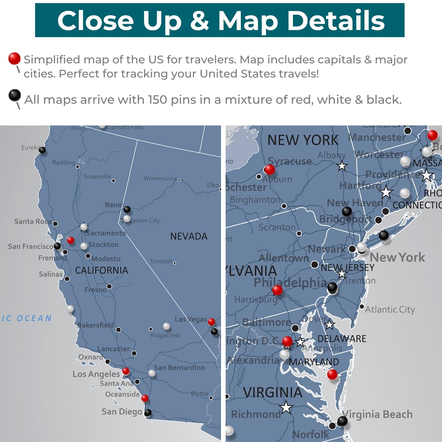 Close-up detail of Blue Ice USA push pin travel map showing California and East Coast cities with red black and white pins