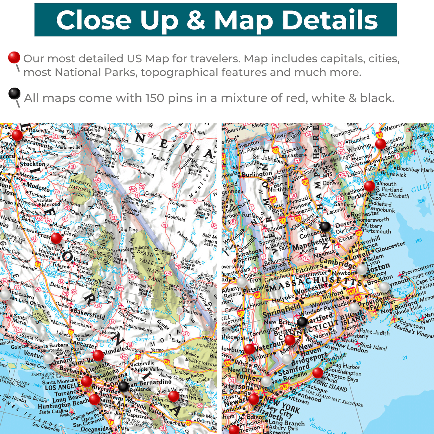 Close-up detail of Classic USA Canvas Travel Pin Map showing California and Northeast regions with red black and white tracking pins