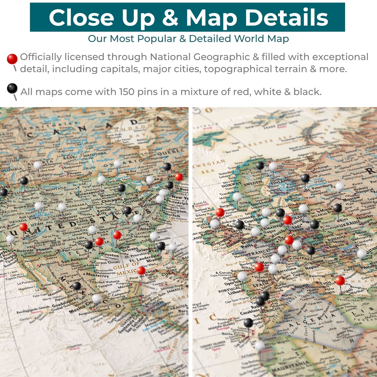 Close-up detail of Executive World Travel Map with Pins showing Europe and North America cities with red black and white pins