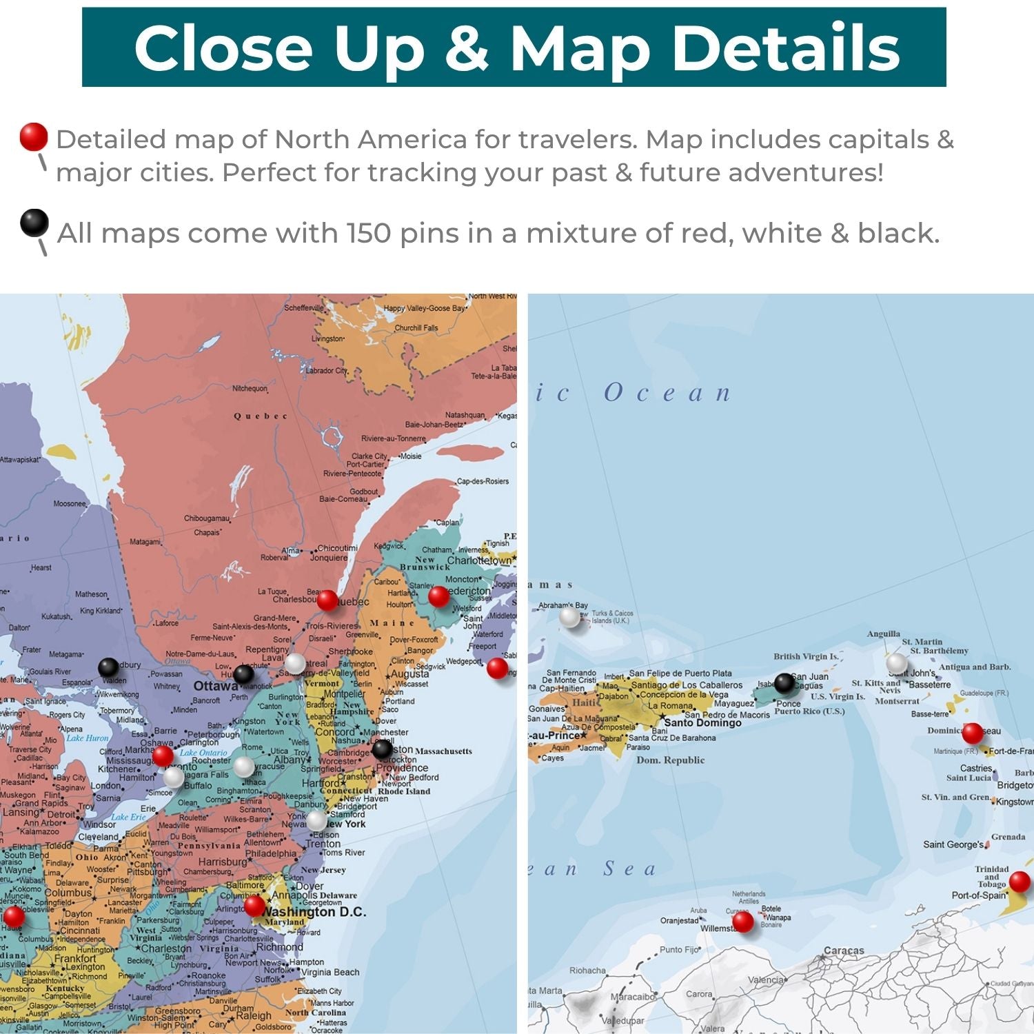 Close-up detail of Blue Oceans North America travel map canvas with red black white pins marking cities
