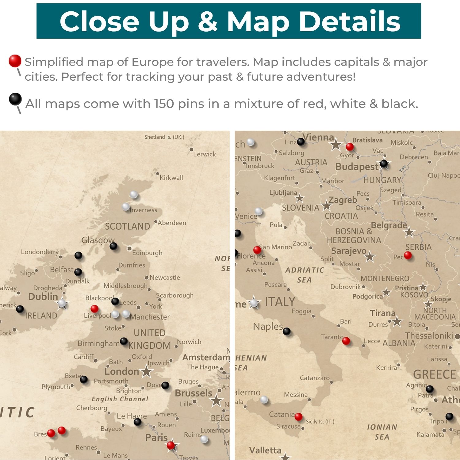 Close-up detail of vintage beige Europe travel map canvas showing red black white pins marking cities