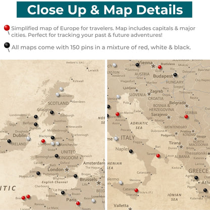 Close-up detail of vintage beige Europe travel map canvas showing red black white pins marking cities