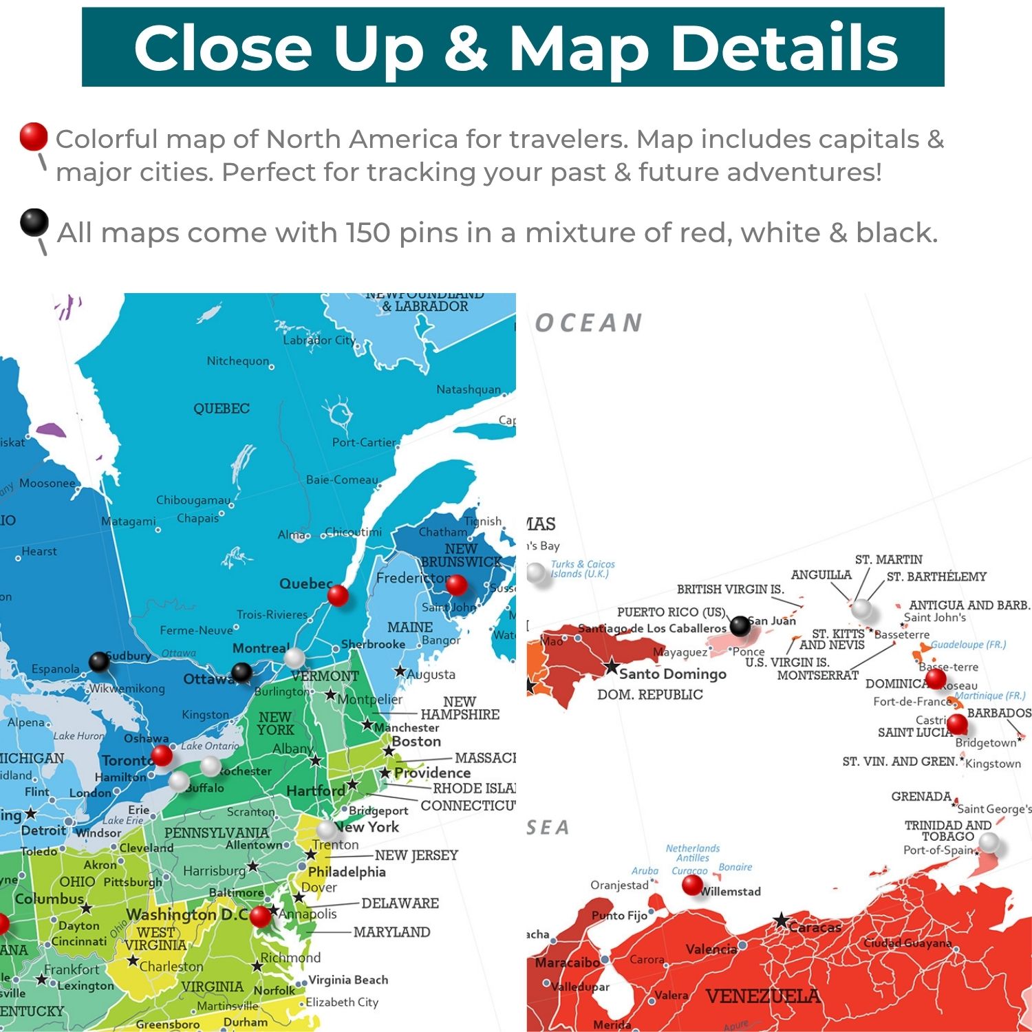 Close-up detail view of colorful North America canvas travel map with red black and white pins