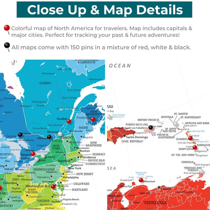 Close-up detail of colorful North America travel map with red black and white push pins marking cities