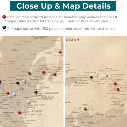 Close-up detail of vintage North America canvas travel map with red black white push pins marking cities