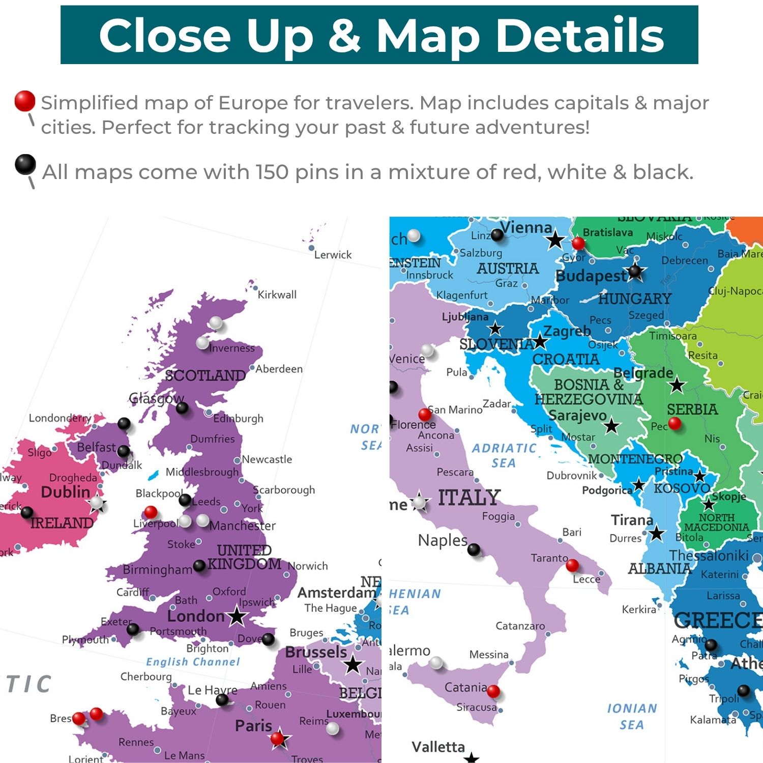 Close-up detail of colorful Europe travel map canvas showing pins marking UK, Italy, Balkans